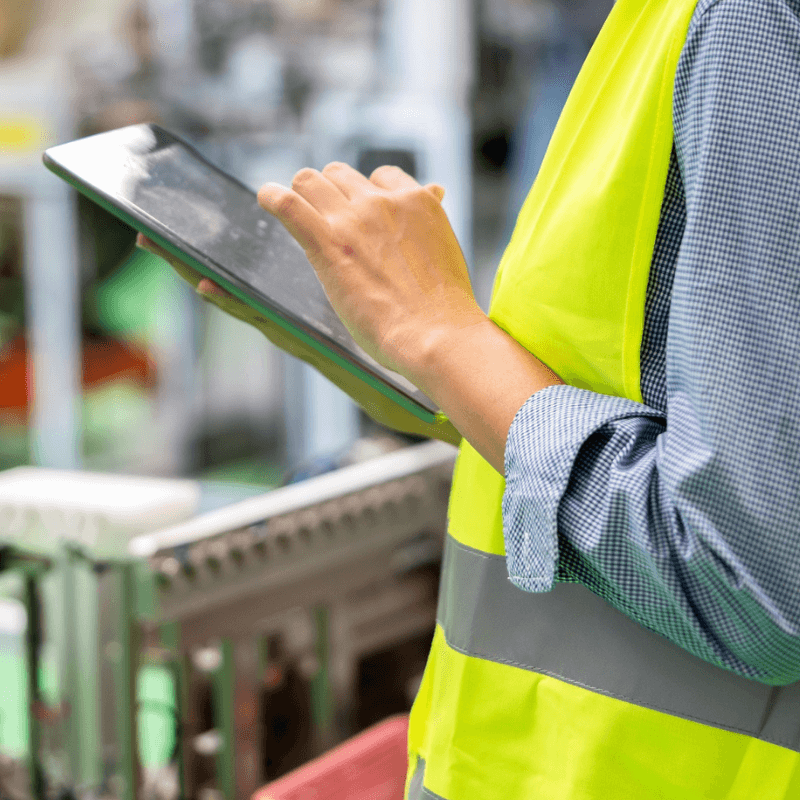 Person in high vis vest checking off the permit on a hand held tablet